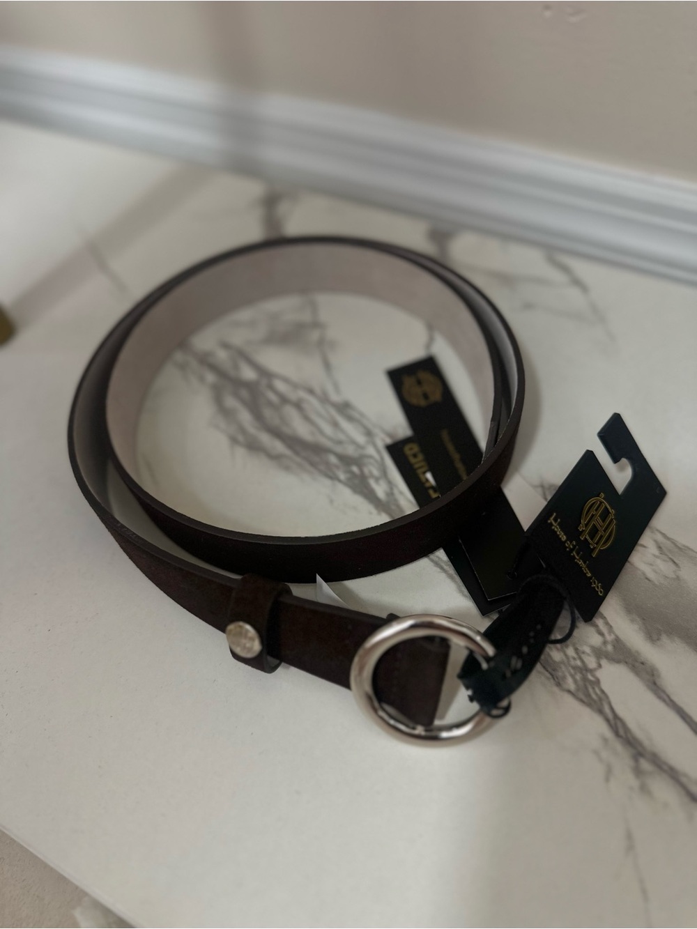 House of Harlow Suede Leather Belt Brown O Ring Silver Buckle Size L NWT - Picture 3 of 5
